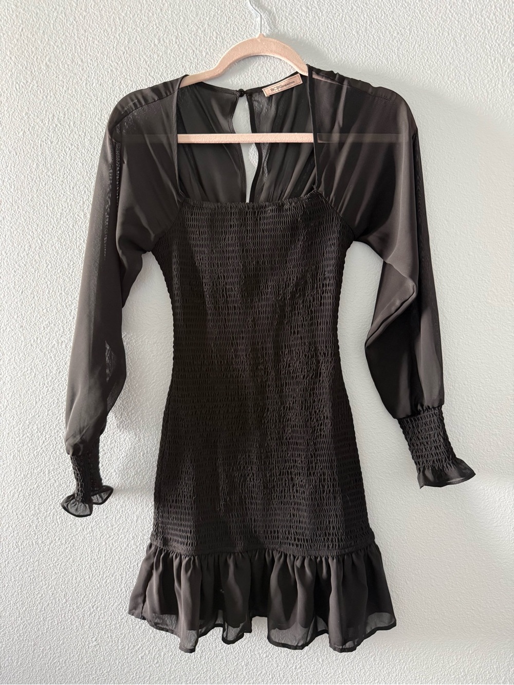 BCBGeneration Black Smocked Long-Sleeve Ruffle-Hem Mini Dress